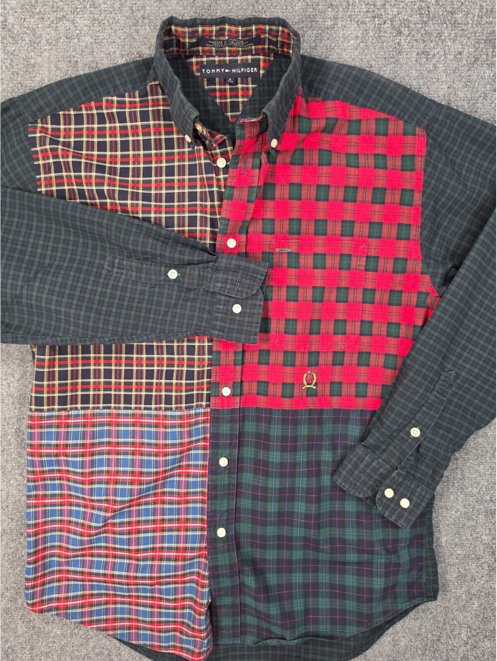 Vintage Tommy Hilfiger Shirt Mens S Patchwork Plaid Crest 90s Colorblock Cotton